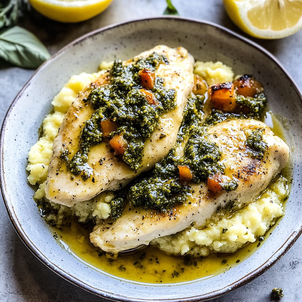 Recipe preparation for Lemon Butter Chicken Piccata with Pesto Polenta Bliss
