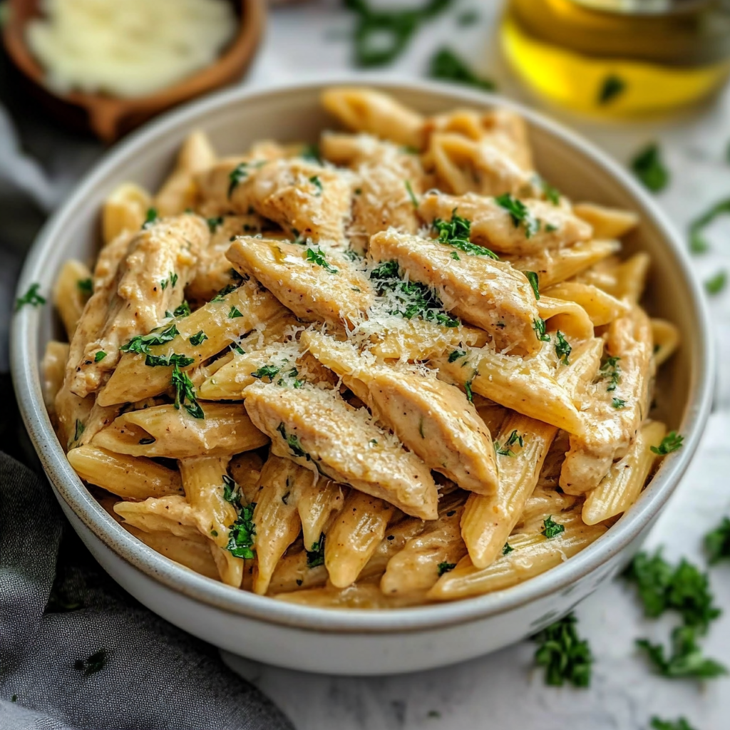 Recipe preparation for Garlic Parmesan Chicken Pasta