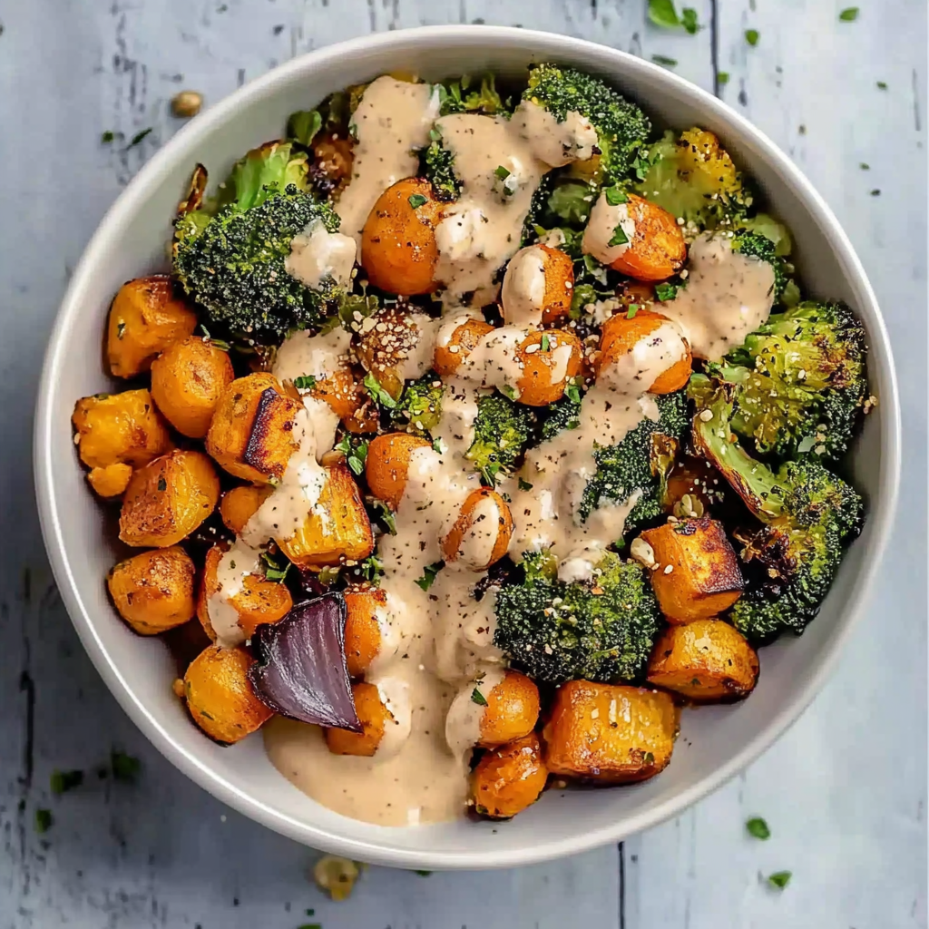 Recipe preparation for Vegan Mediterranean Roasted Veggie Bowl