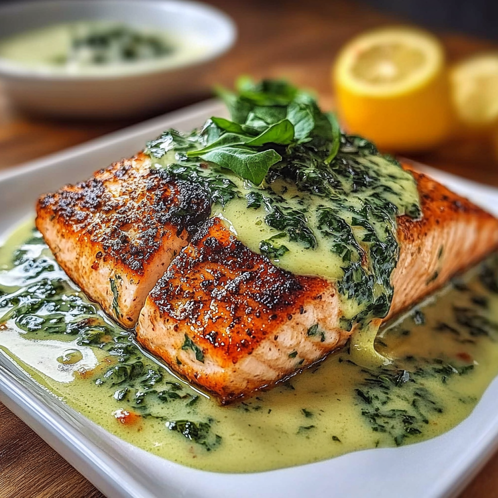 Recipe preparation for Baked Salmon Creamy Spinach Sauce