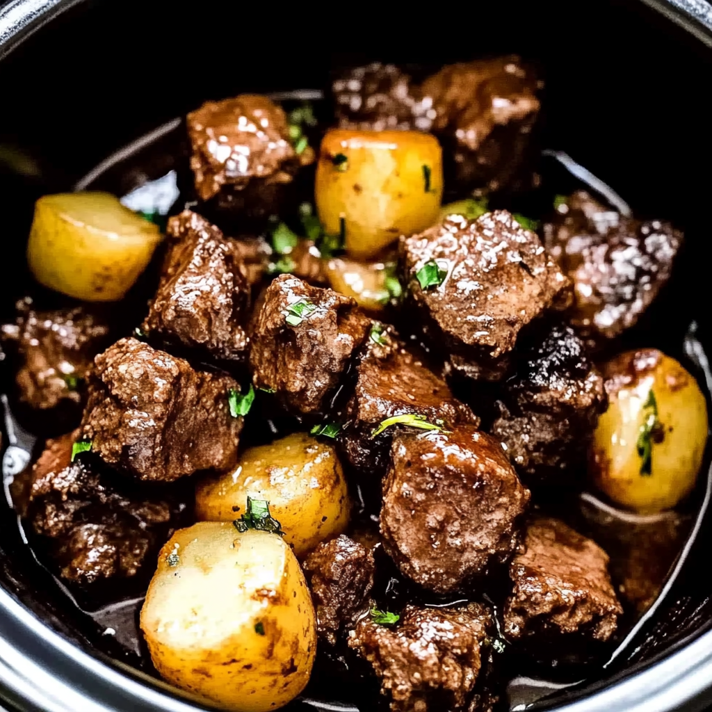 Recipe preparation for Crockpot Garlic Butter Beef Bites with Potatoes