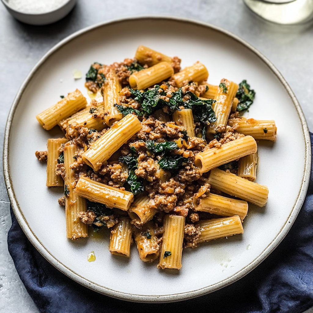 Recipe preparation for Savory Sausage and Kale Rigatoni