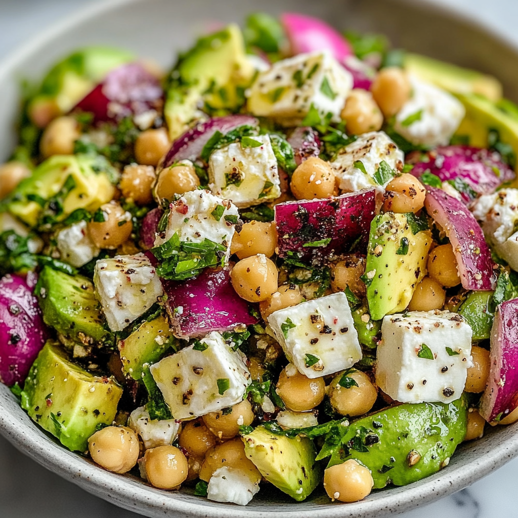 Recipe preparation for Chickpea Feta Avocado Salad
