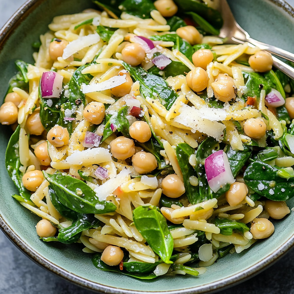 Recipe preparation for Lemon Orzo Salad with Baby Spinach and Chickpeas