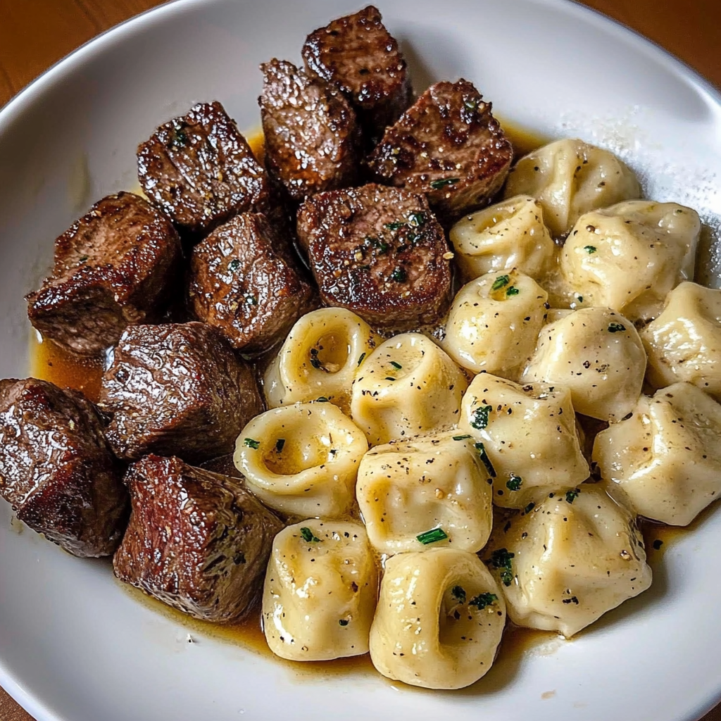 Recipe preparation for Sizzling Butter Steak Bites and Velvety Alfredo Tortellini