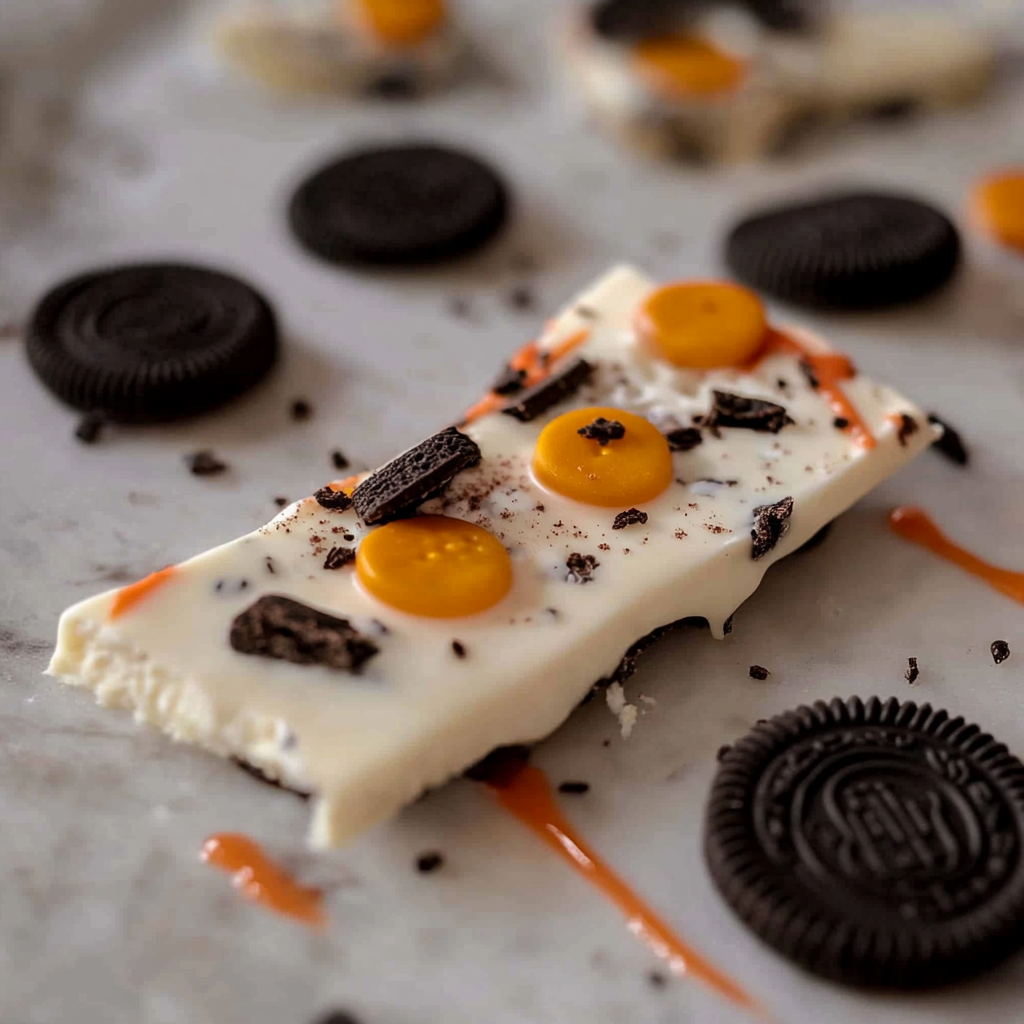 Recipe preparation for White Chocolate Halloween Oreo Bark