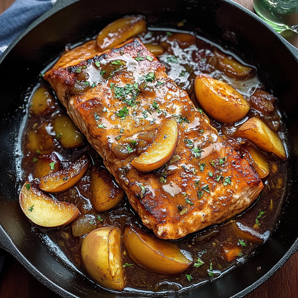 Recipe preparation for Bourbon Peach Roasted Salmon