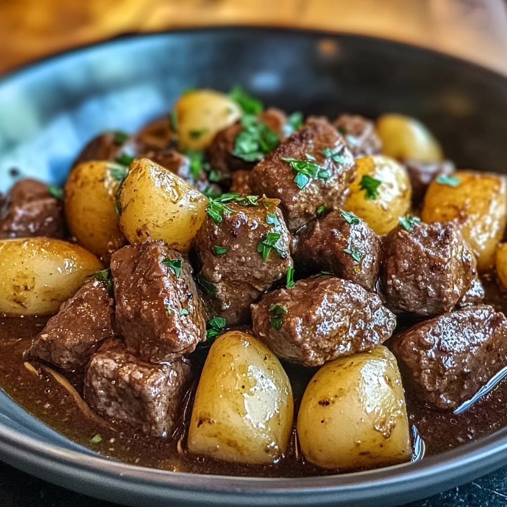 Recipe preparation for Garlic Butter Beef Bites & Potatoes