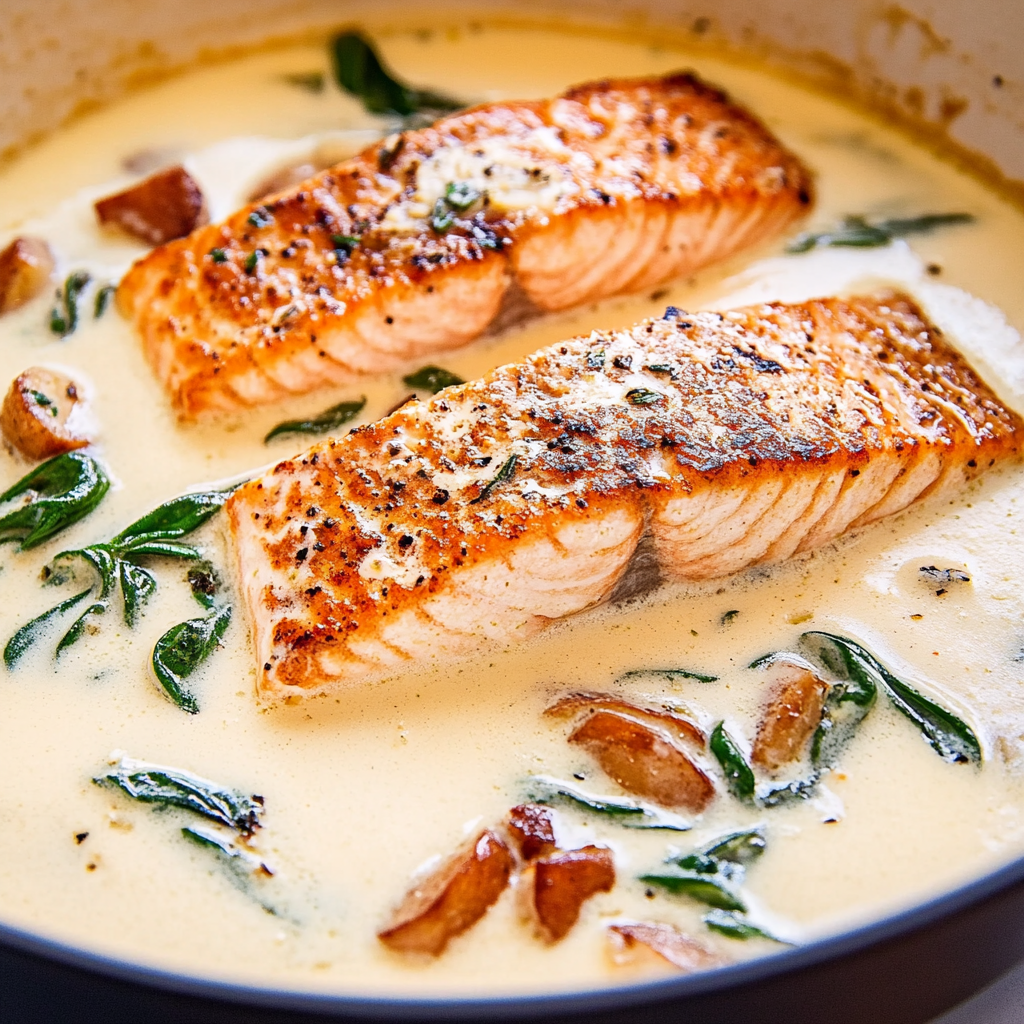 Recipe preparation for Tuscan Salmon with Parmesan Cream Sauce