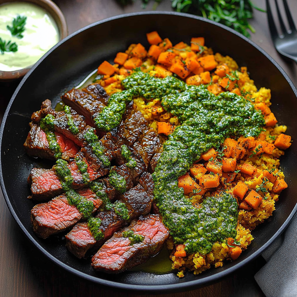 Recipe preparation for Steak with Green Sauce and Sweet Potatoes