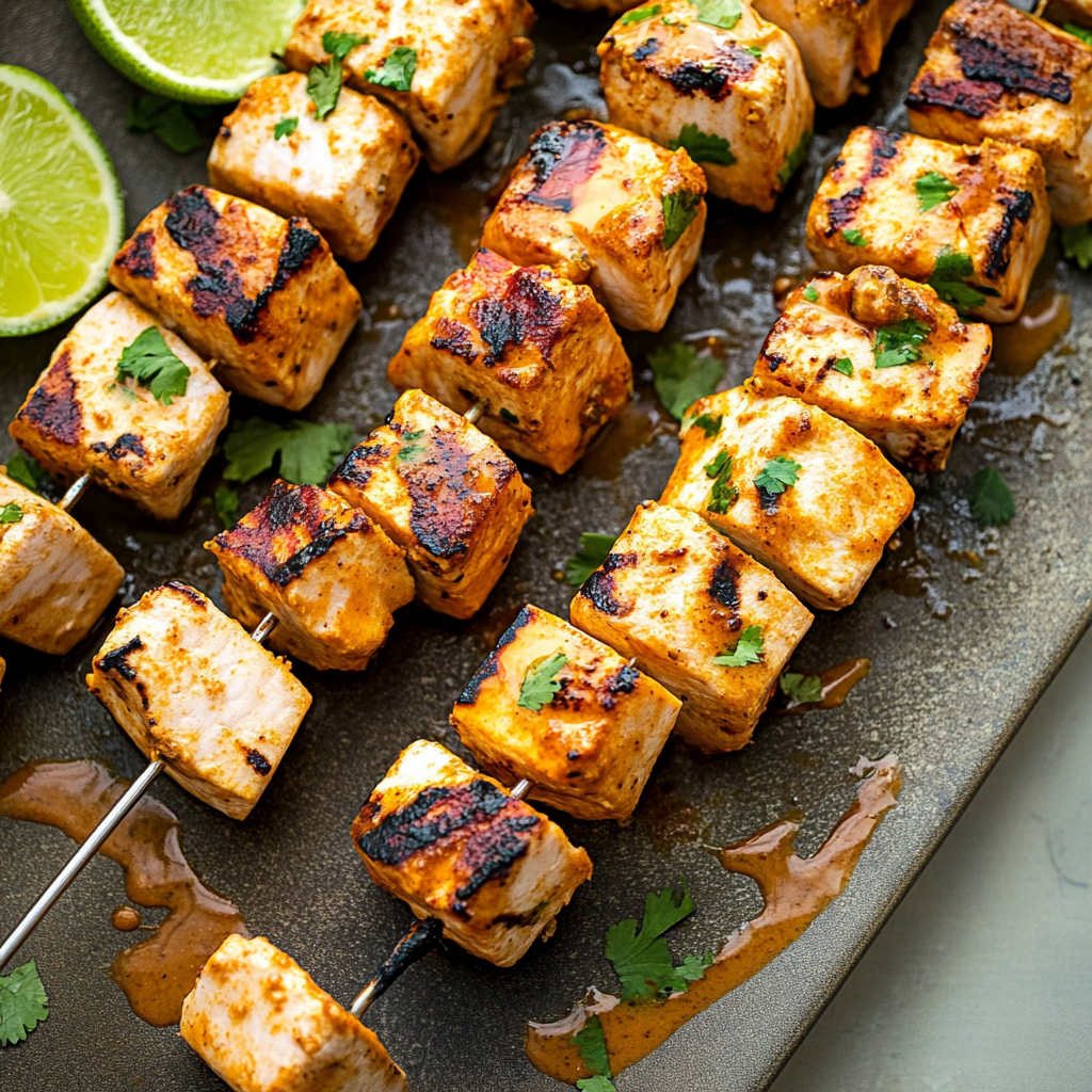 Recipe preparation for Thai Red Curry Swordfish Kabobs