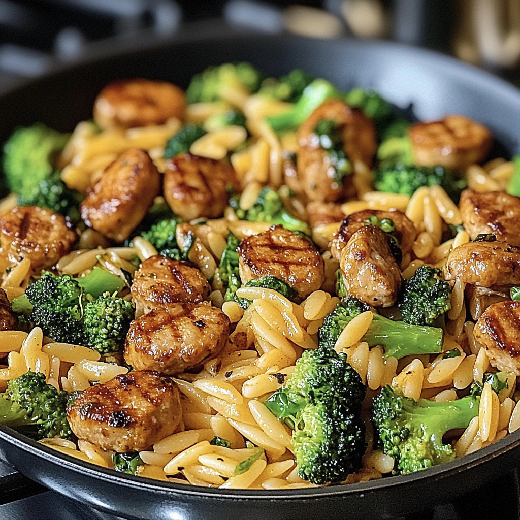 Recipe preparation for Chicken Sausage Broccoli and Orzo Skillet