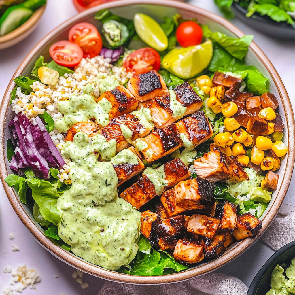 Recipe preparation for Mexican Salmon Salad Bowl with Roasted Poblano Ranch Dressing