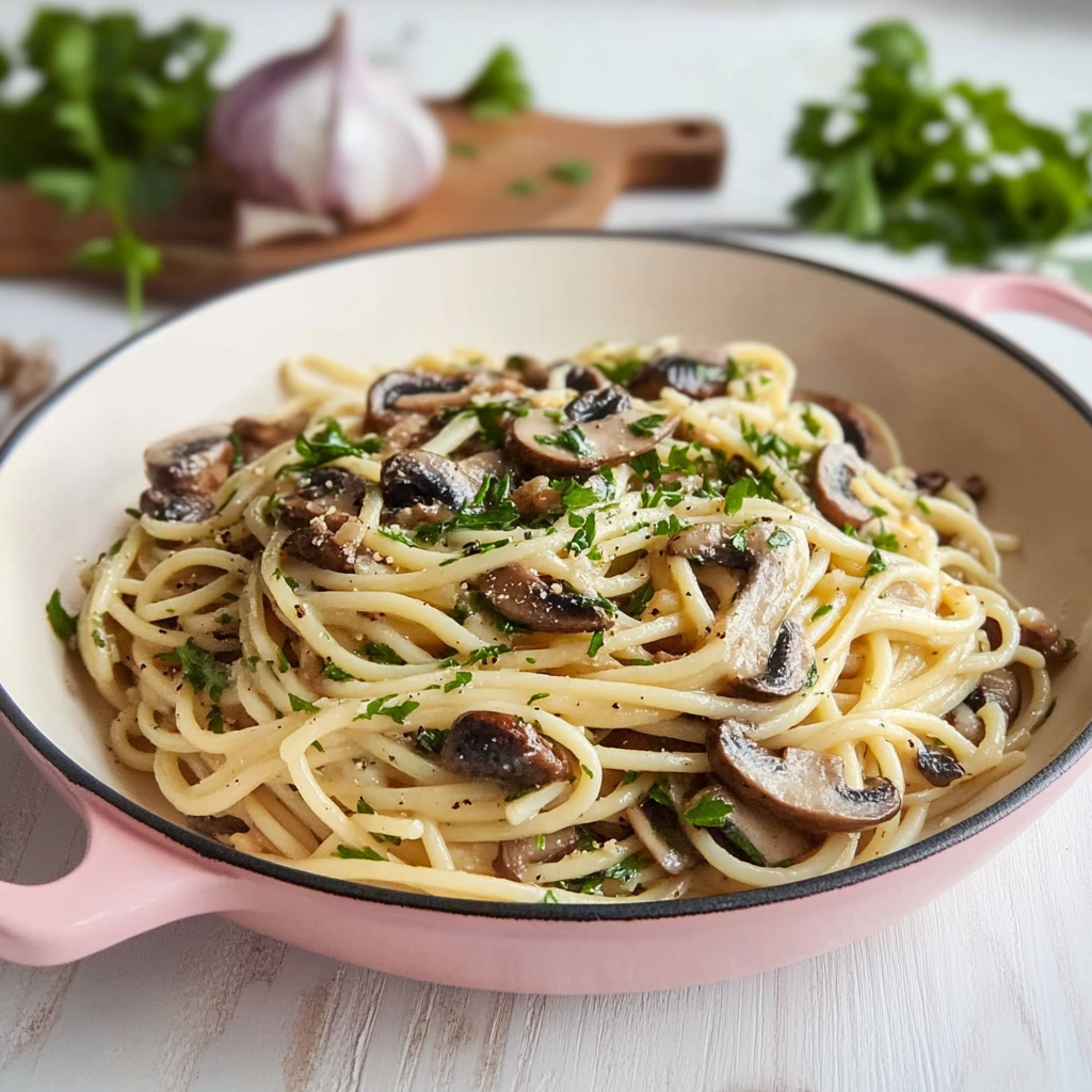 Recipe preparation for Mushroom and Garlic Spaghetti