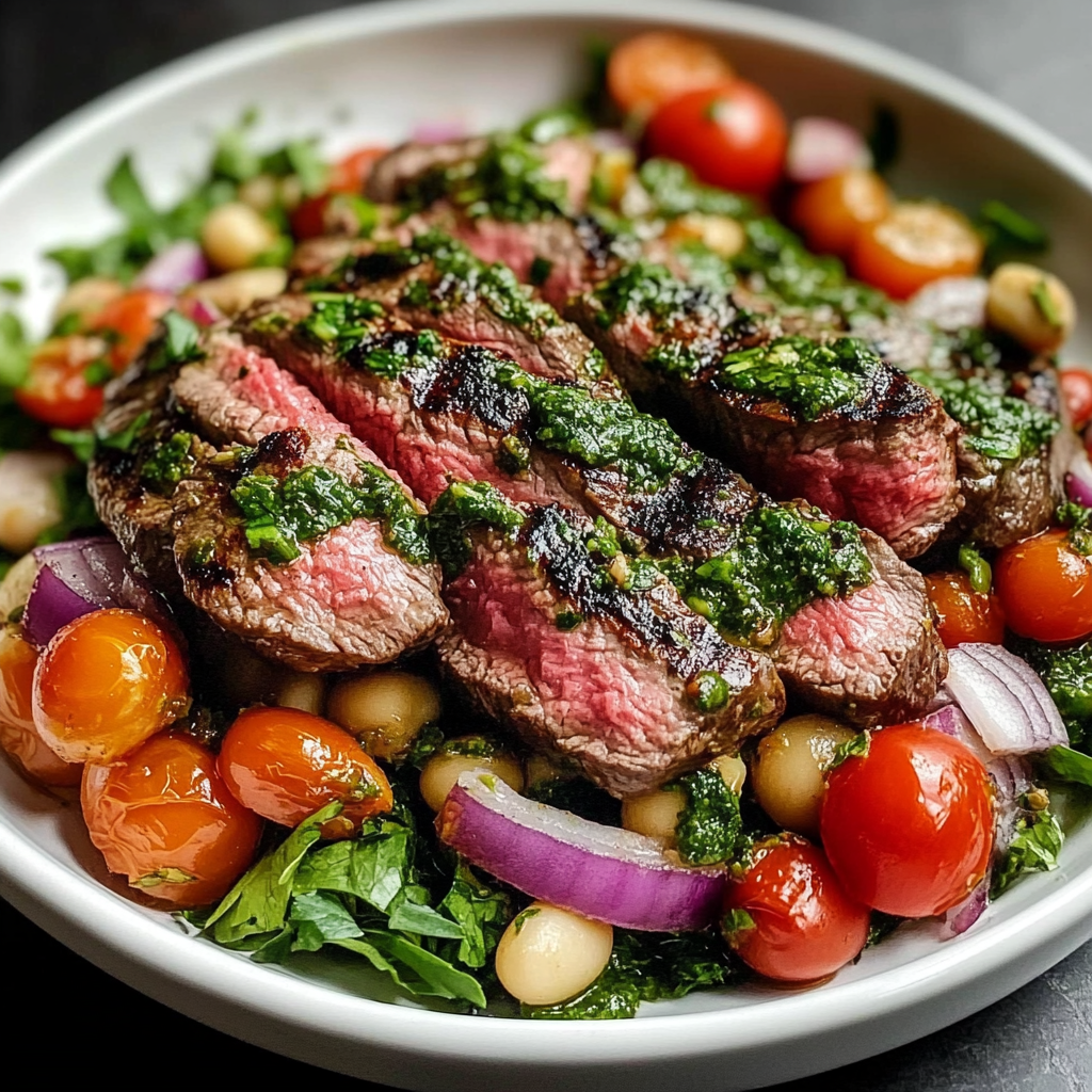Recipe preparation for Steak Chimichurri & Dense Bean Salad