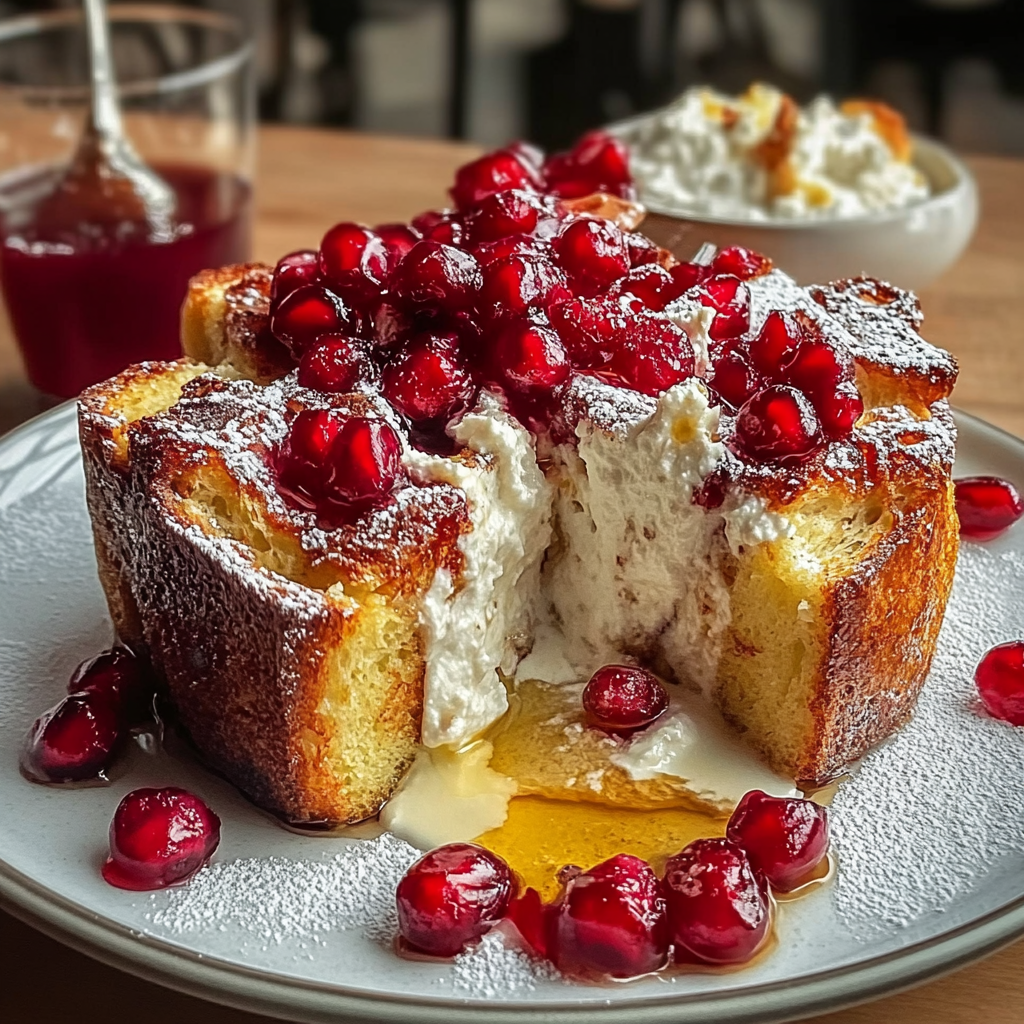 Recipe preparation for Ricotta Pomegranate Baked Toast