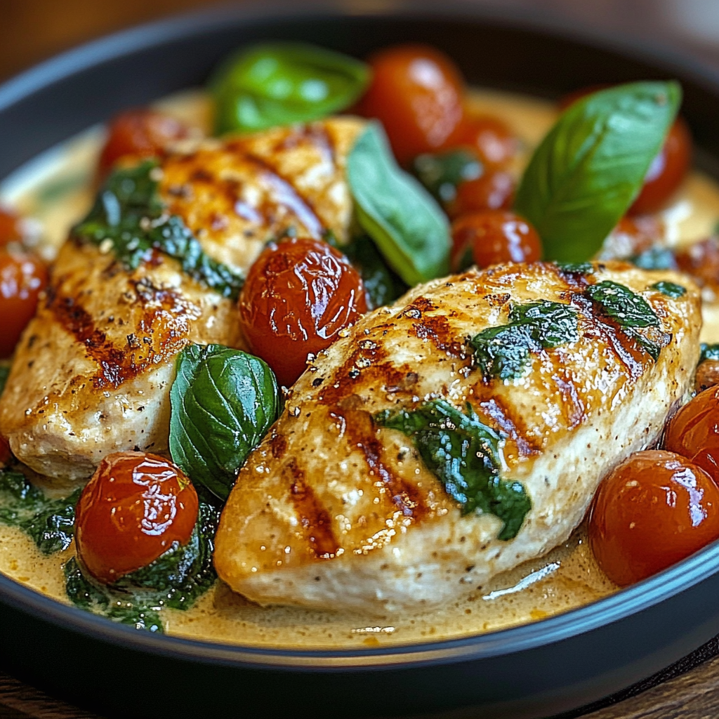 Recipe preparation for Creamy Tuscan Chicken with Spinach and Tomatoes