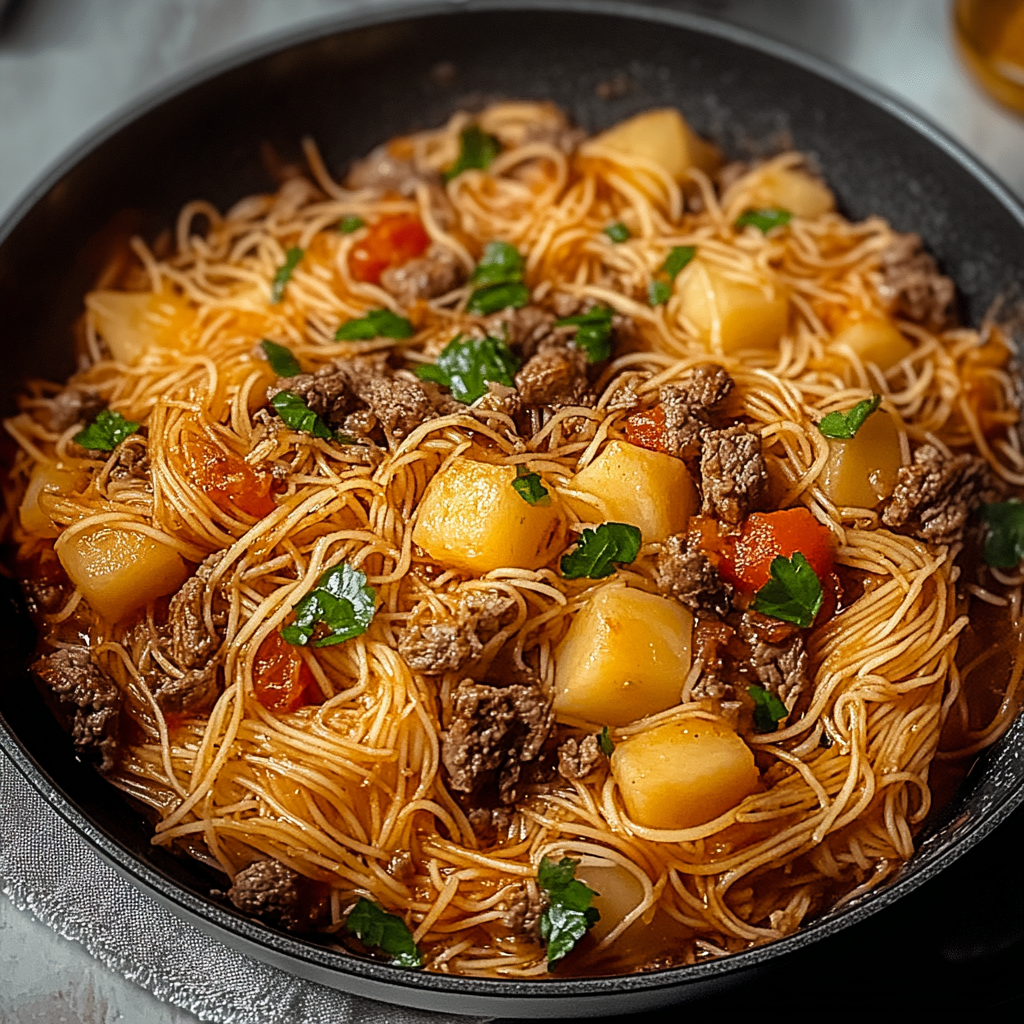Recipe preparation for Fideo with Potatoes and Beef