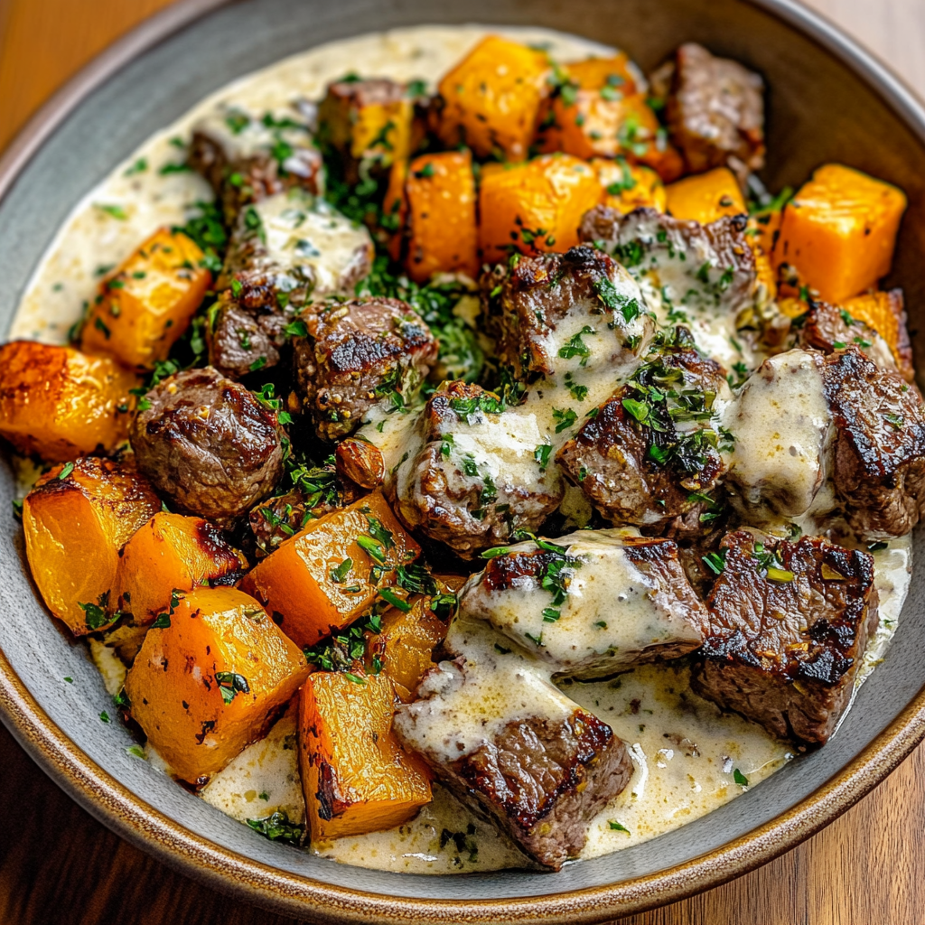Recipe preparation for Butternut Squash & Garlic Herb Steak Bowls