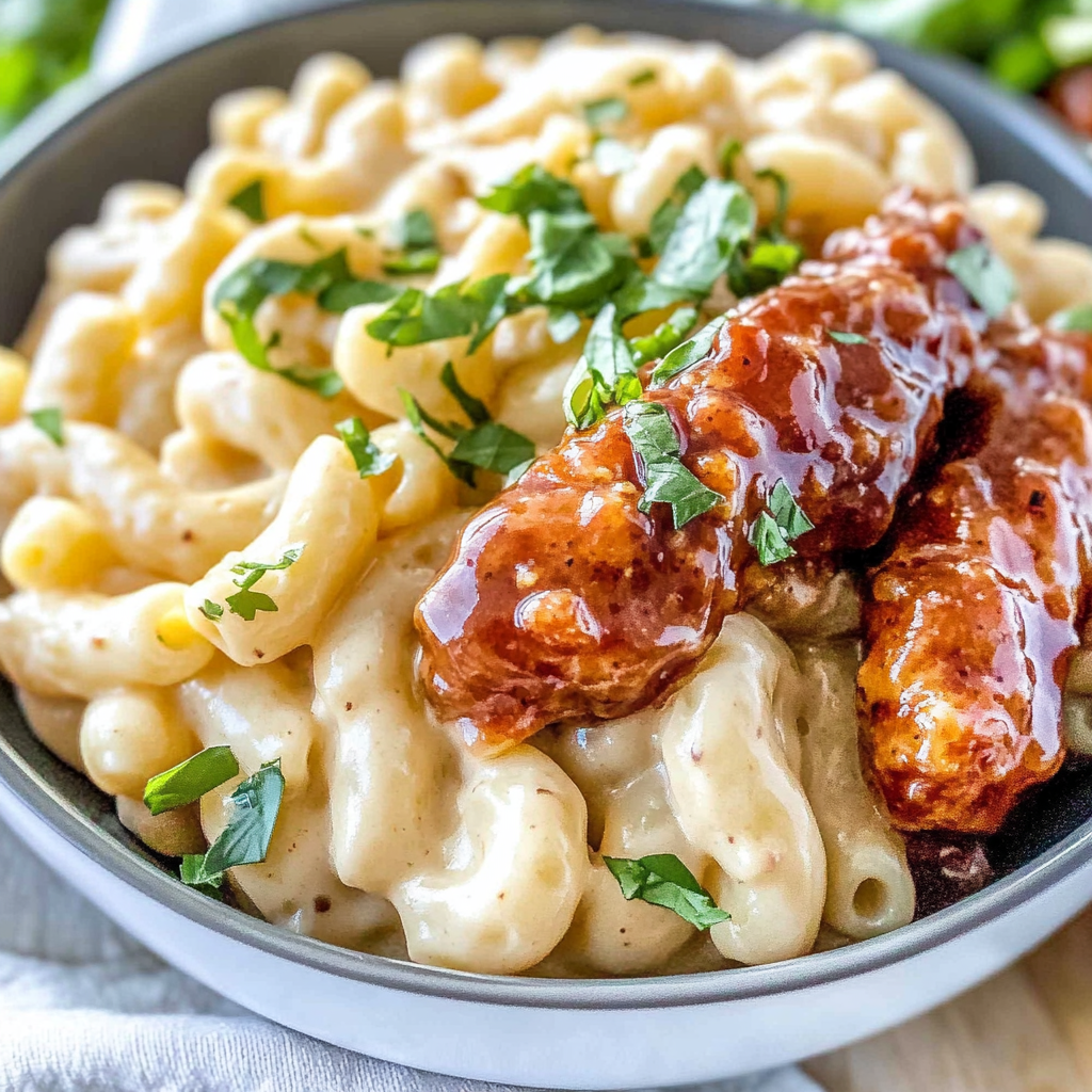 Recipe preparation for Copycat Applebee’s Honey Pepper Chicken Mac and Cheese