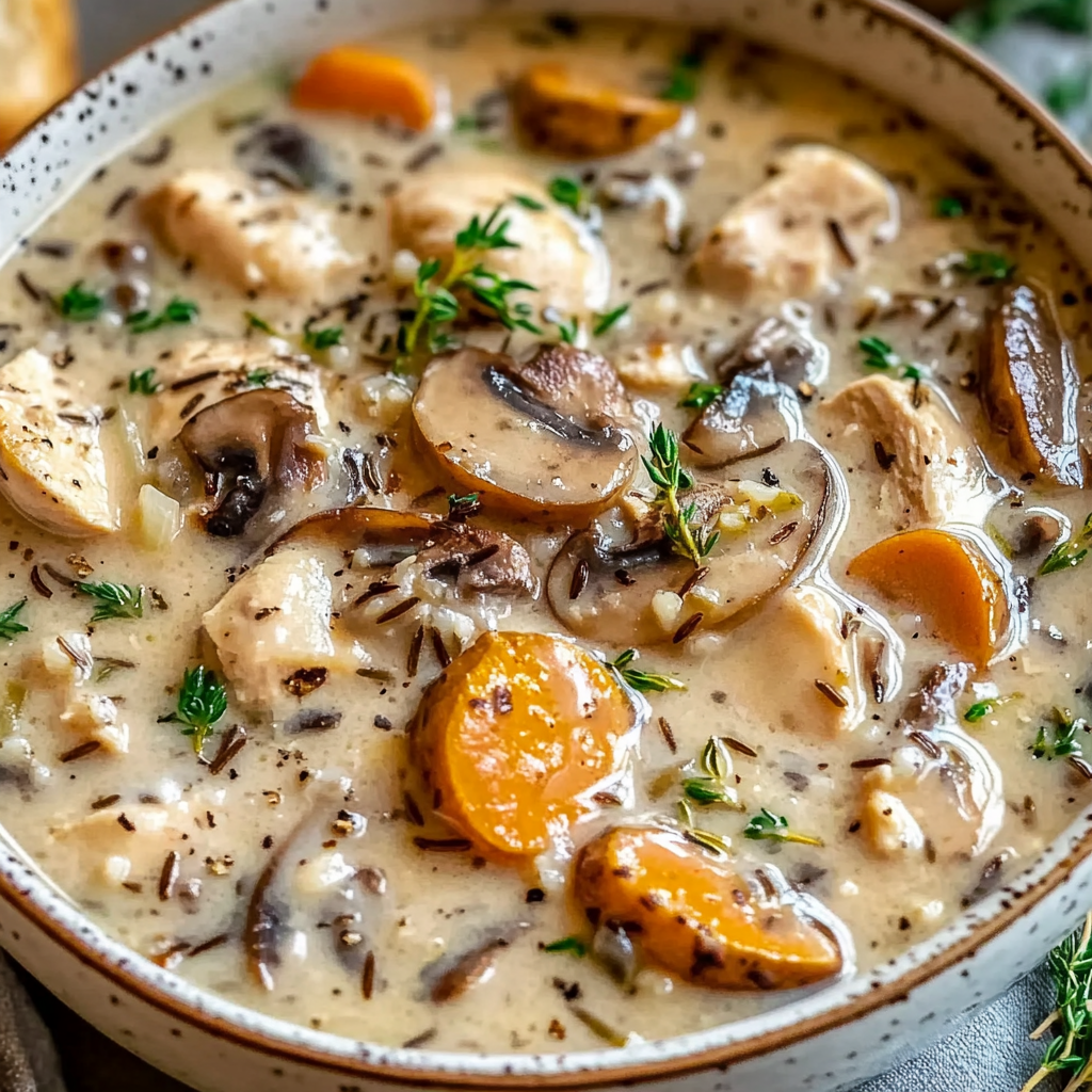 Recipe preparation for Creamy Mushroom Chicken and Wild Rice Soup