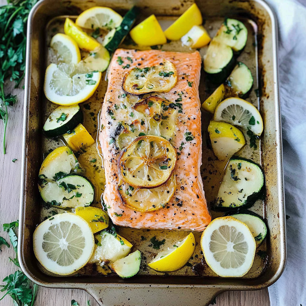 Recipe preparation for Sheet Pan Garlic Butter Salmon & Veggies