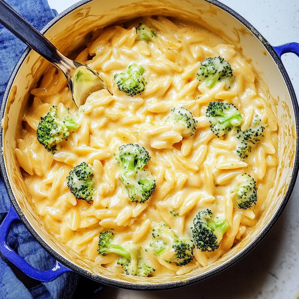 Recipe preparation for One-Pot Creamy Broccoli Cheddar Orzo