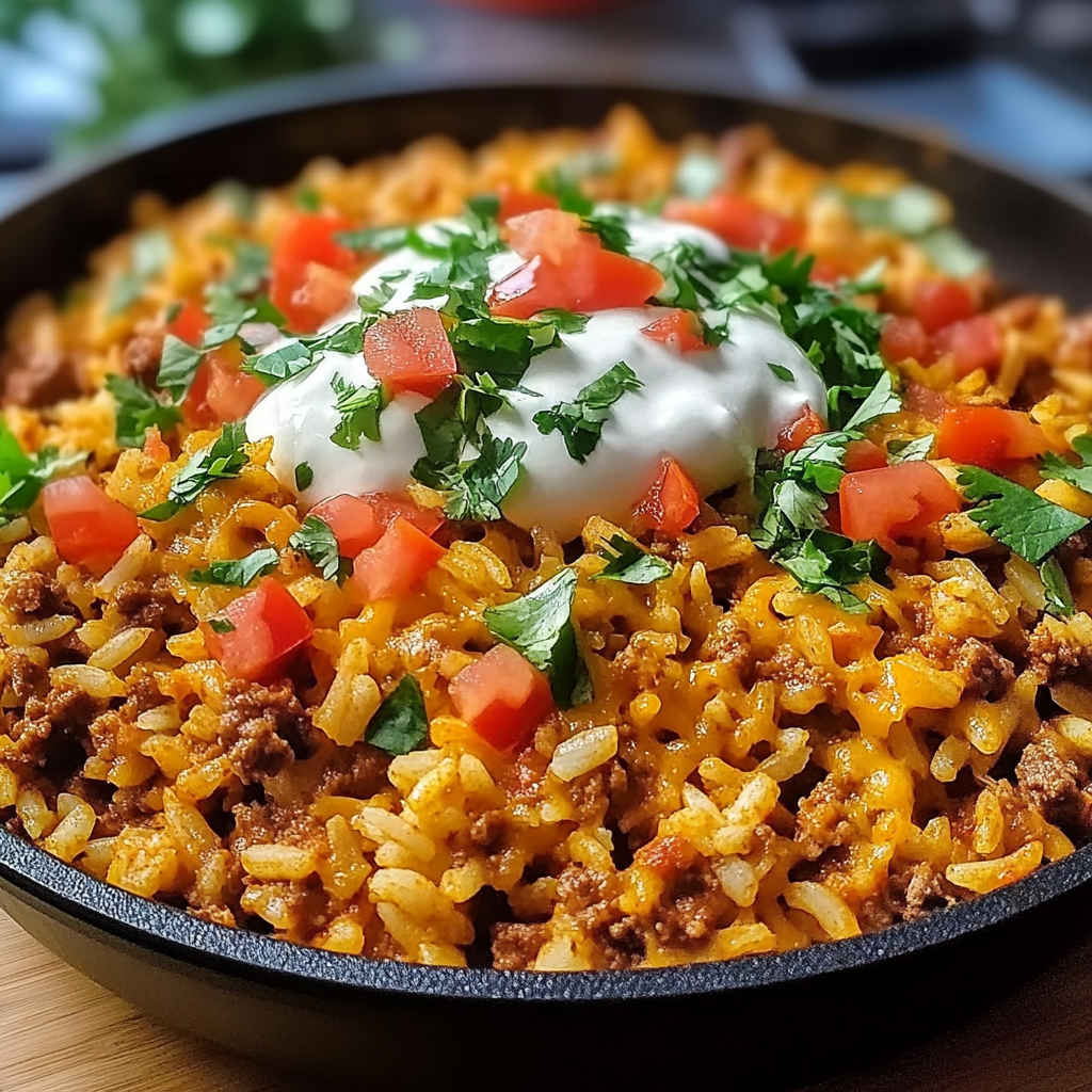 Recipe preparation for Cheesy Taco Skillet with Rice