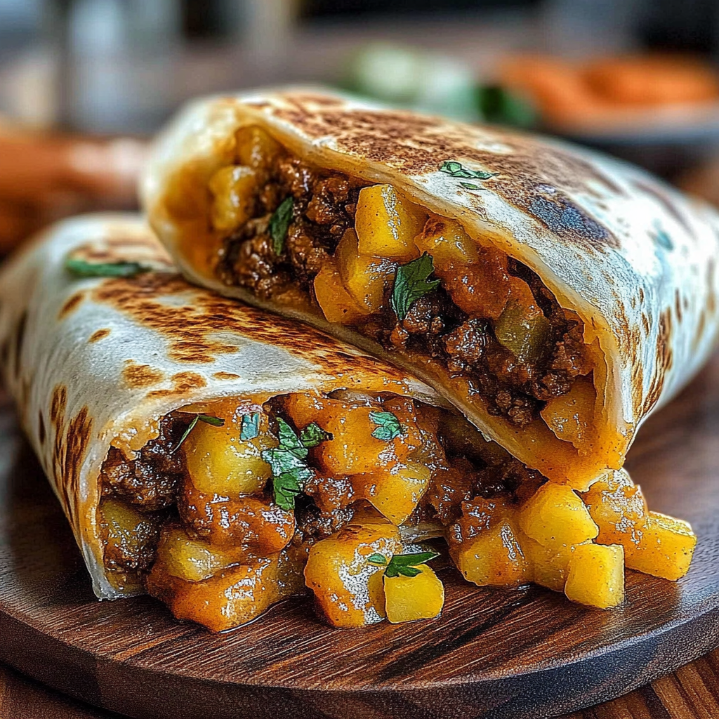 Recipe preparation for Cheesy Potato Burritos with Beef