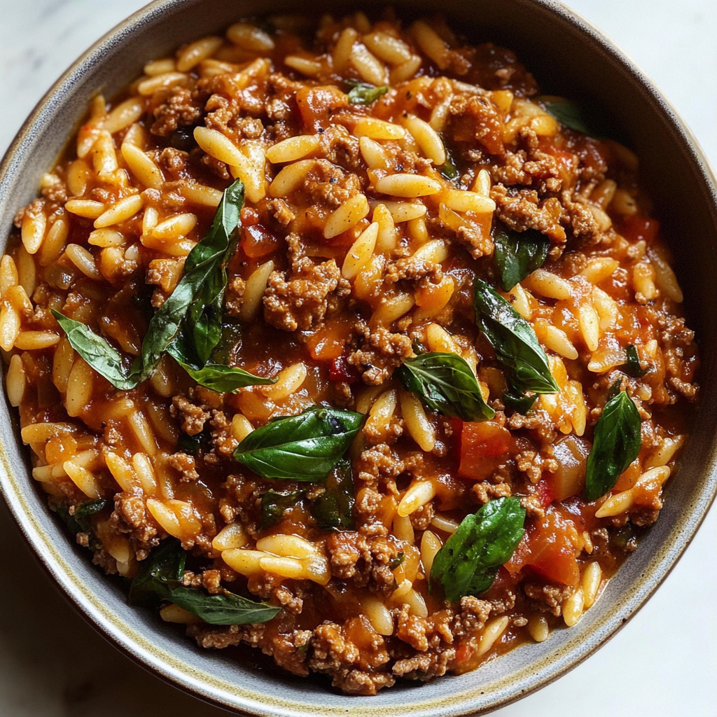 Recipe preparation for Sloppy Joe Style Orzo