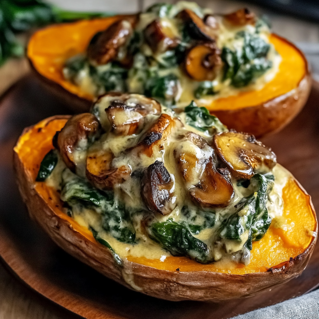 Recipe preparation for Creamy Mushroom and Spinach Stuffed Sweet Potatoes