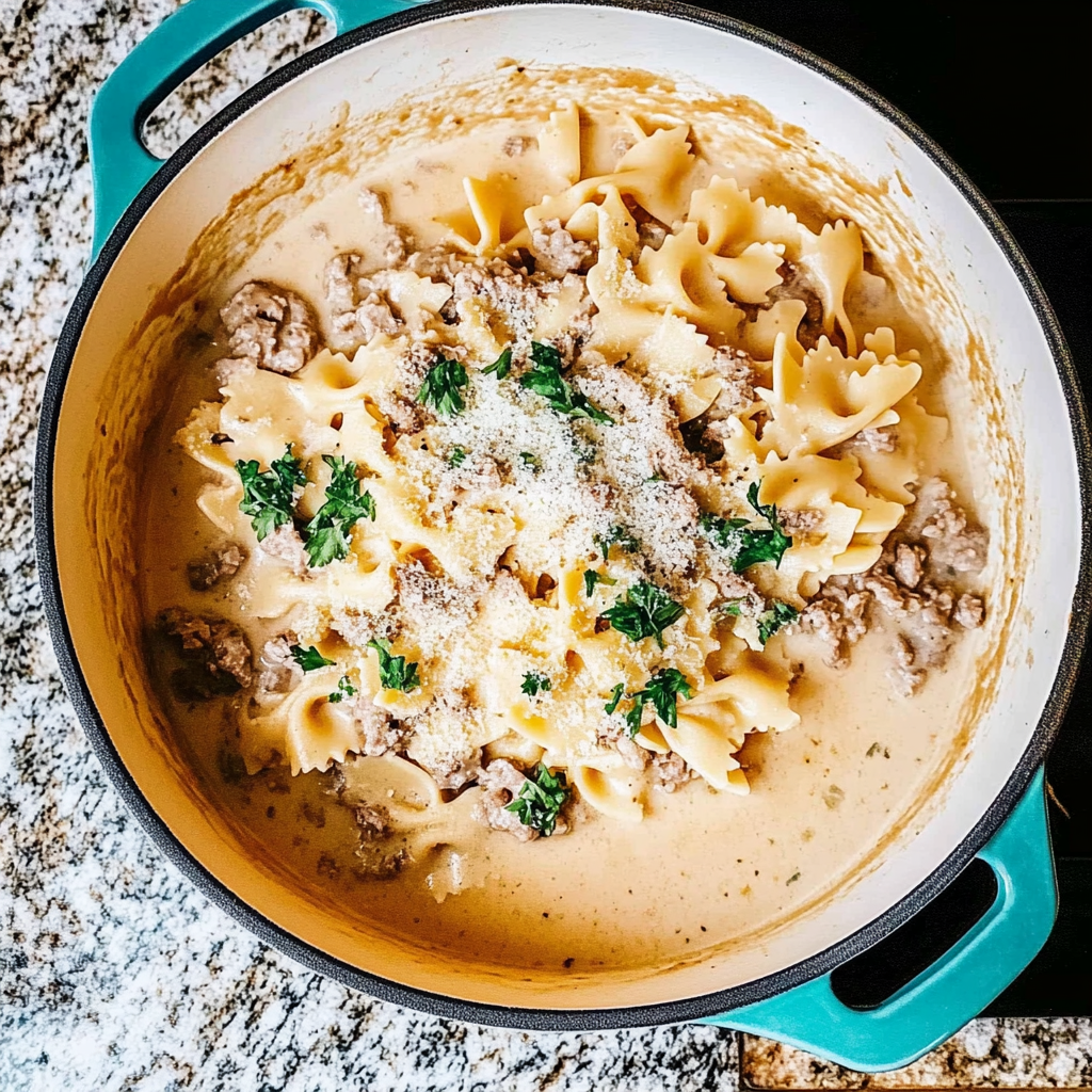 Recipe preparation for Creamy Parmesan Garlic Beef Bowtie Pasta