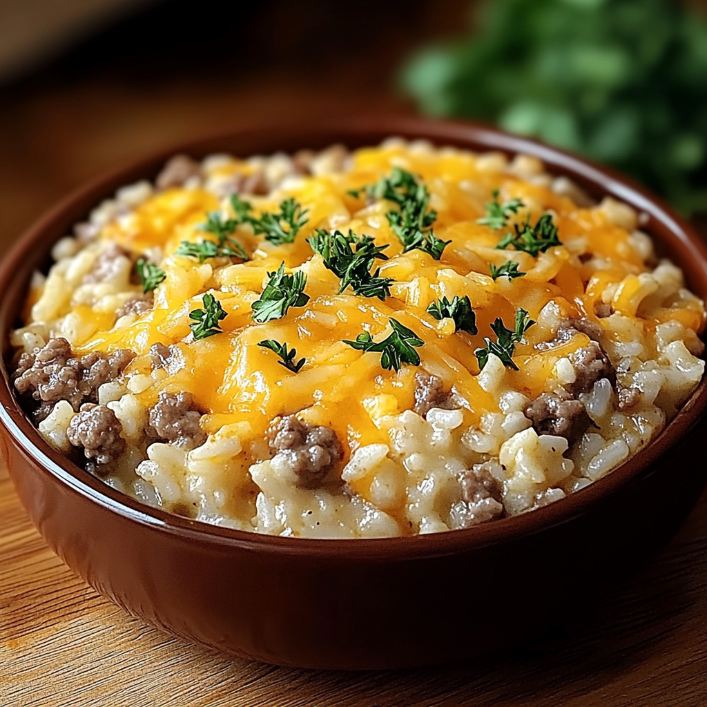 Recipe preparation for Cheesy Hamburger Rice Casserole
