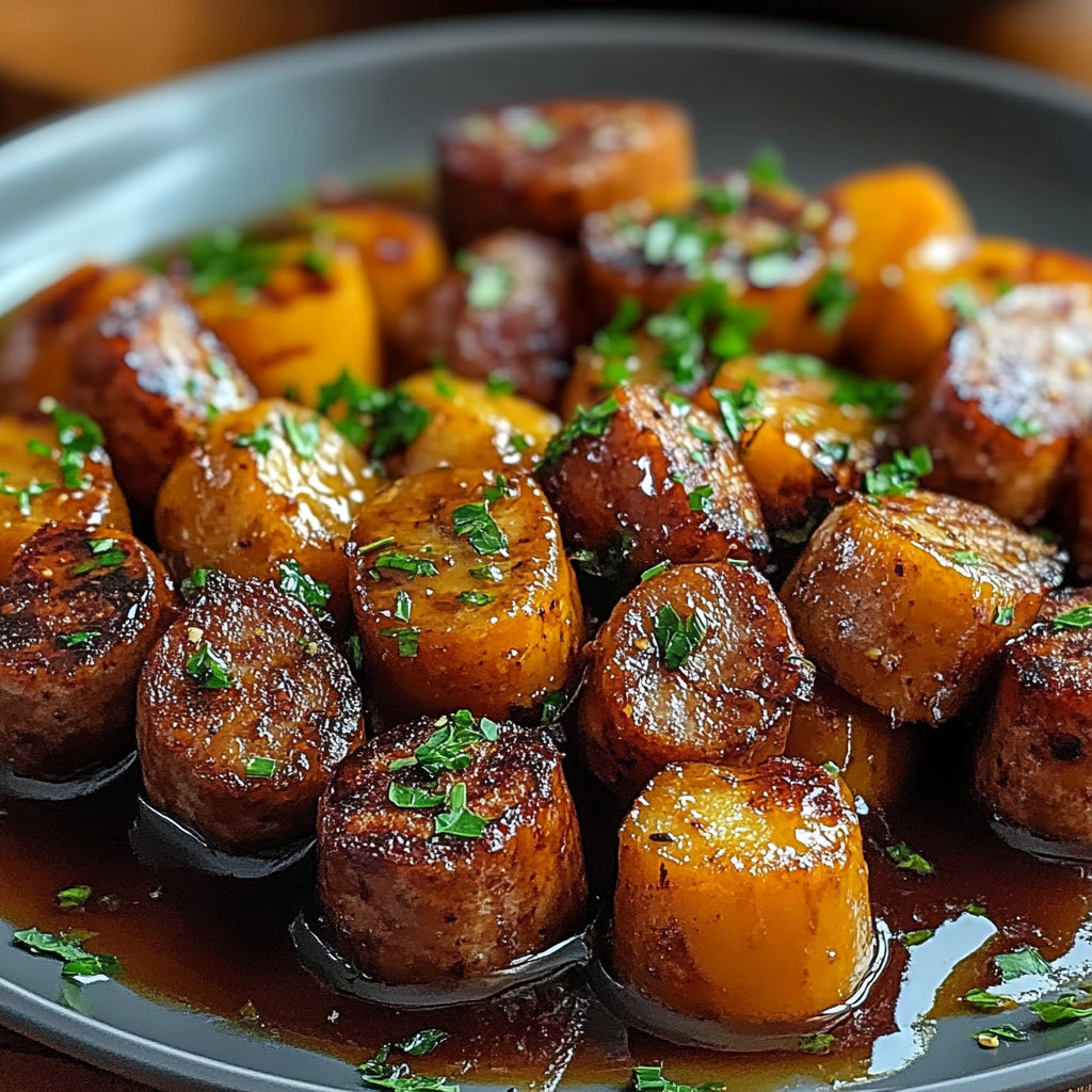 Recipe preparation for Sausage and Sweet Potatoes with Honey Garlic Sauce