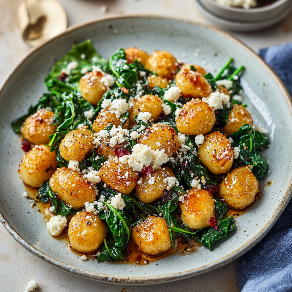 Recipe preparation for Crispy Gnocchi With Spinach And Feta