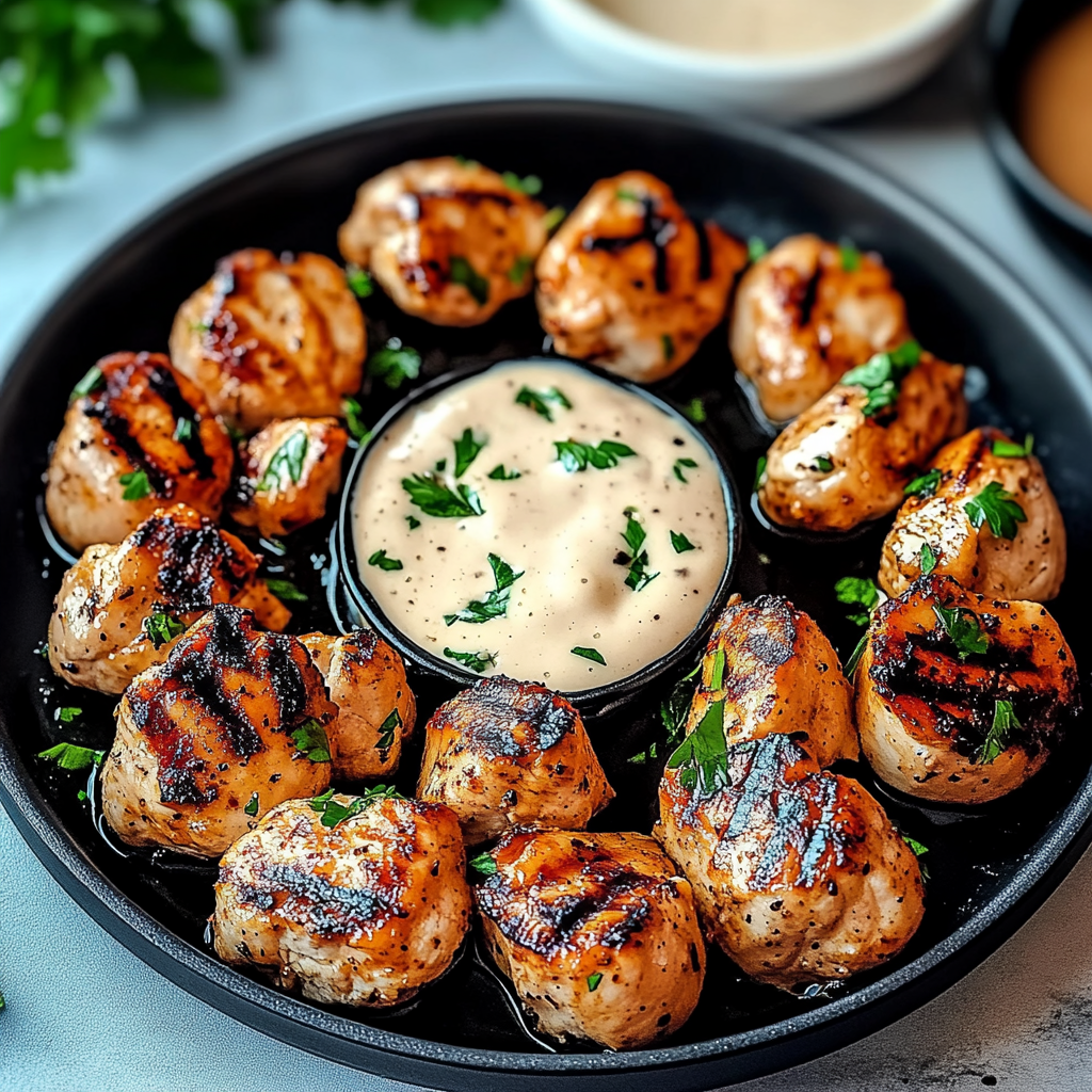 Recipe preparation for Grilled Chicken Bites with Creamy Garlic Sauce
