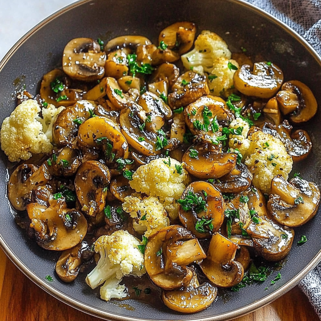 Recipe preparation for Garlic Mushrooms Cauliflower Skille