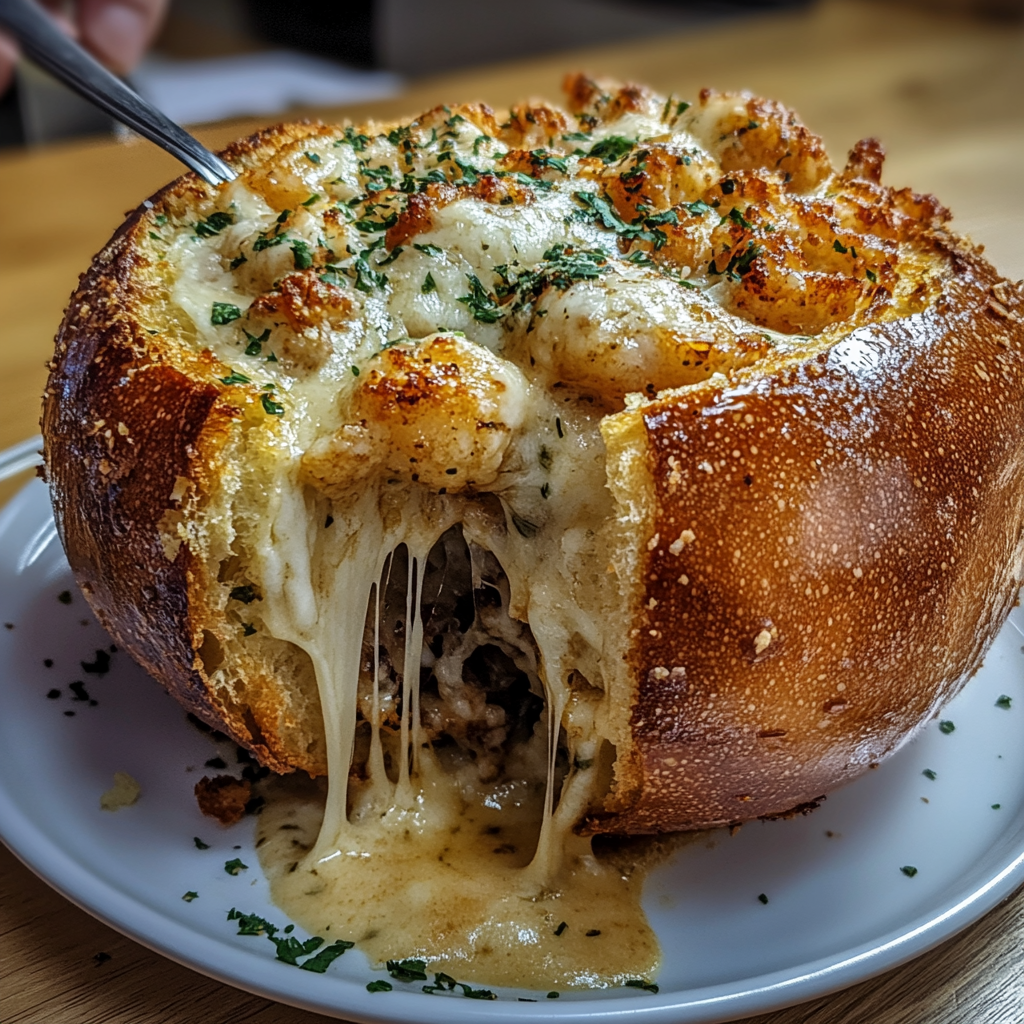 Recipe preparation for Cheesy Seafood Bread Bowl