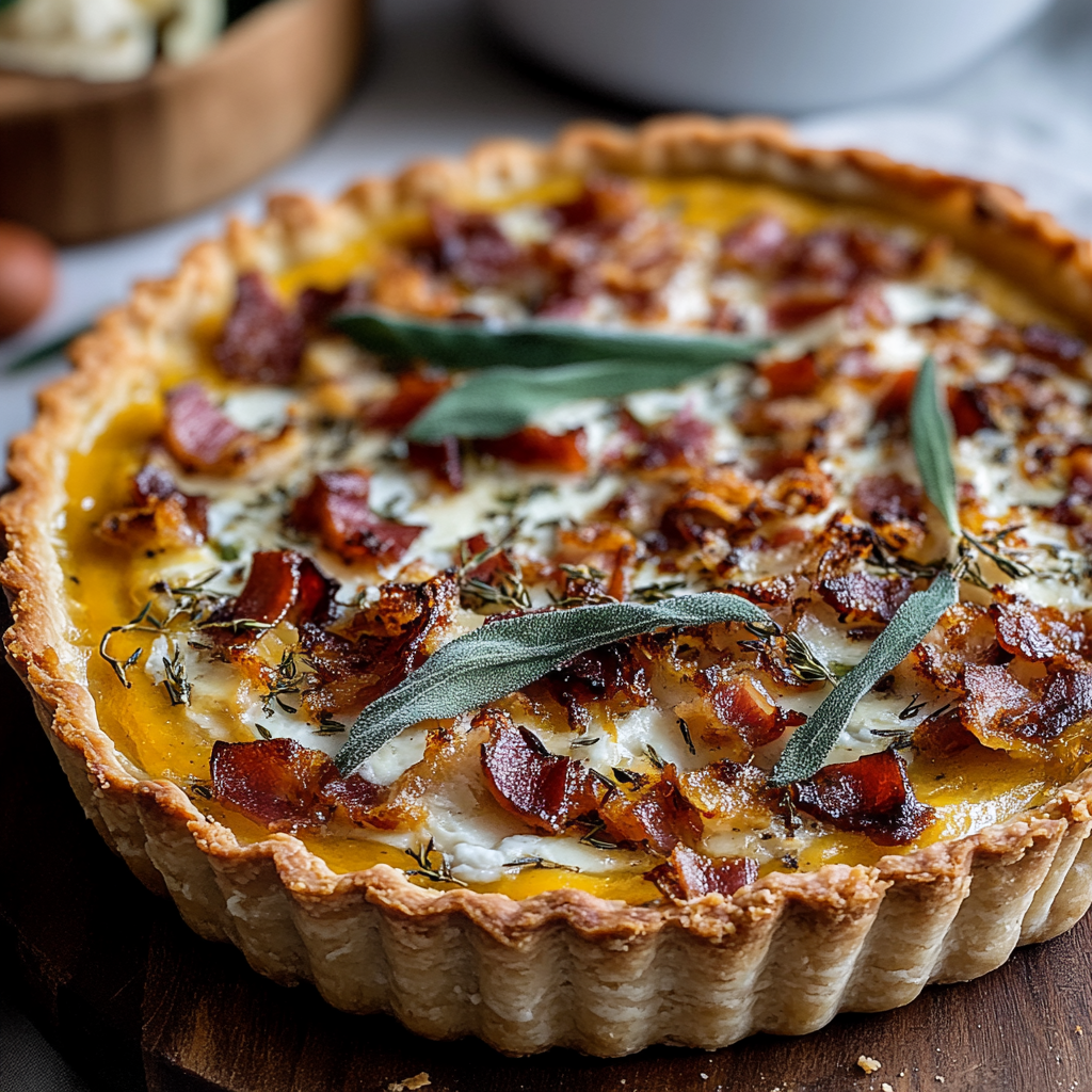 Recipe preparation for Pumpkin, Ricotta & Caramelized Onion Tart with Bacon and Sage