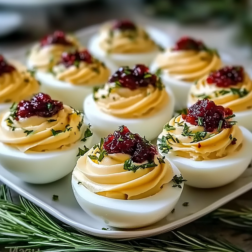 Recipe preparation for Harvest Cranberry Deviled Eggs