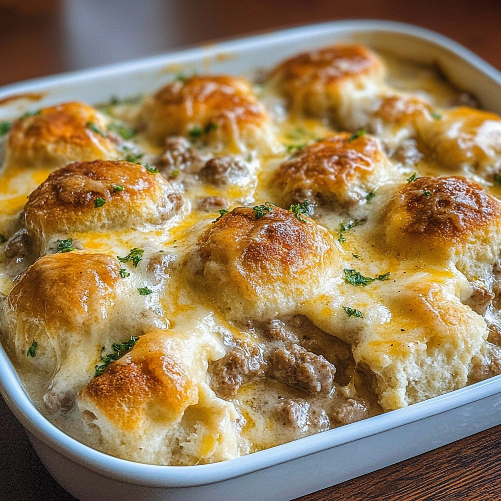 Recipe preparation for Biscuits & Sausage Gravy Casserole