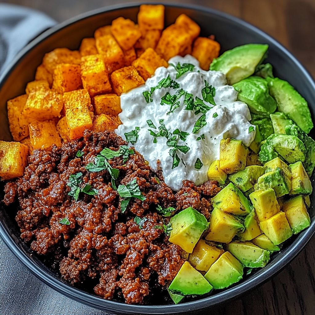 Recipe preparation for Spicy Ground Beef & Sweet Potato Protein Bowl