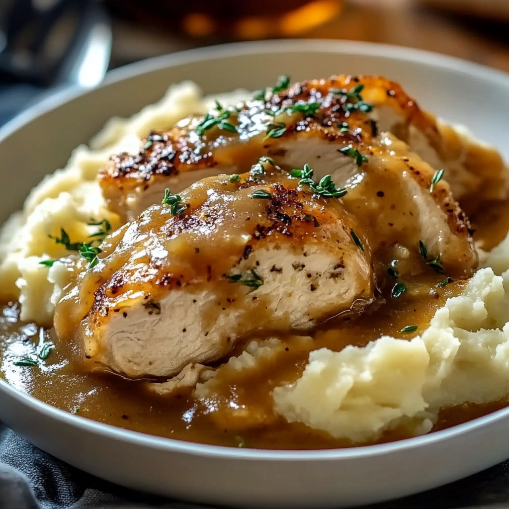 Recipe preparation for Chicken and Garlic Gravy with Cheesy Mashed Potatoes
