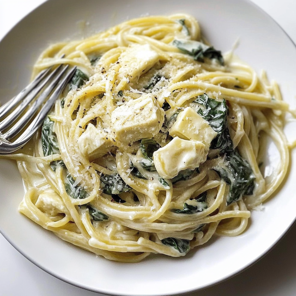 Recipe preparation for Creamy Spinach Artichoke Spaghetti