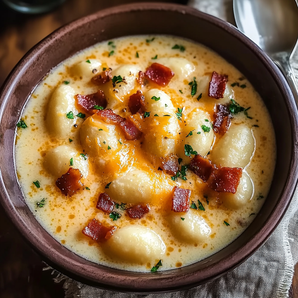 Recipe preparation for Beef Bacon Cheddar Gnocchi Soup