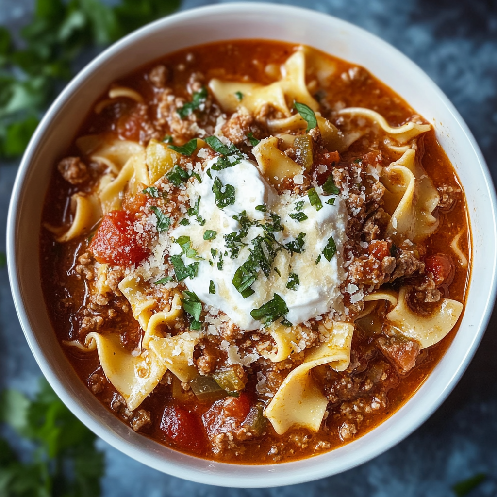 Recipe preparation for Hearty Beef Lasagna Soup