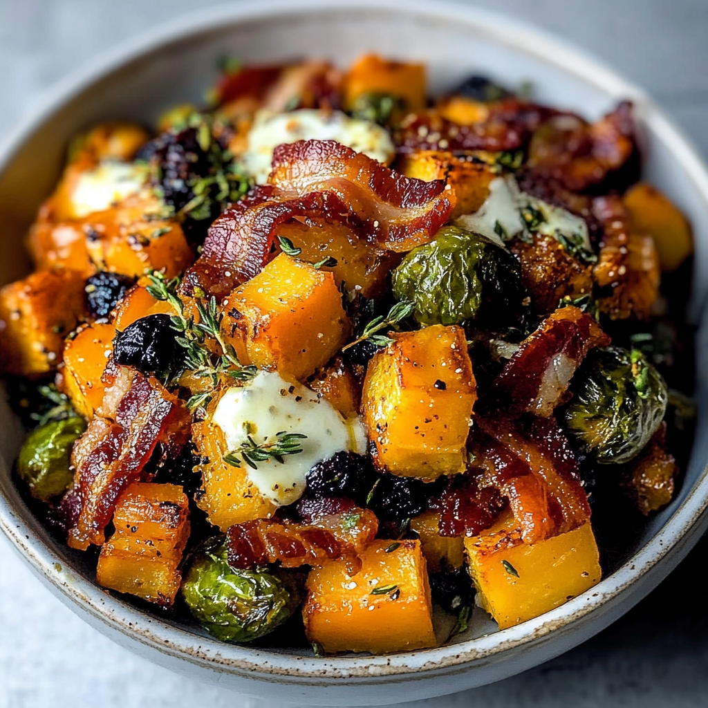 Recipe preparation for Spicy Maple Butternut Brussels Bacon