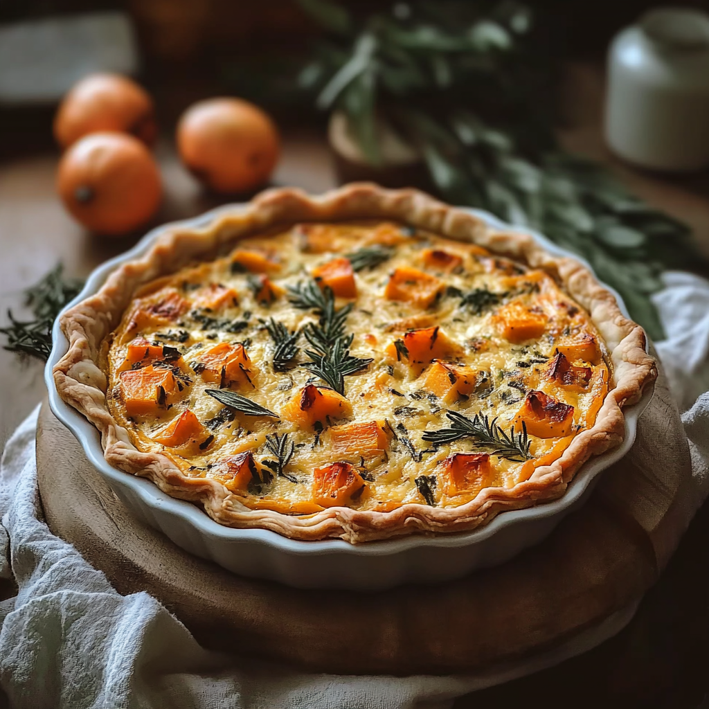 Recipe preparation for Butternut Squash & Sage Quiche – Cozy