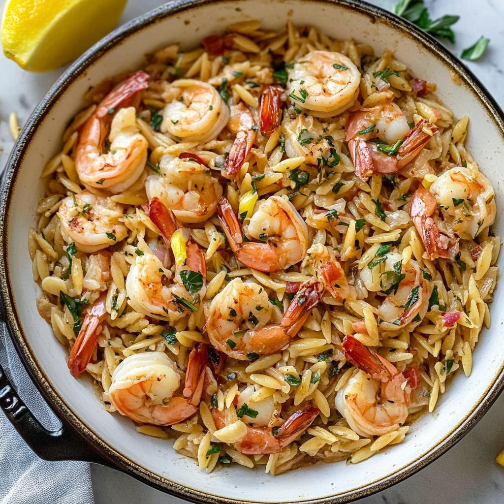 Recipe preparation for One Pot Garlic Butter Shrimp and Orzo