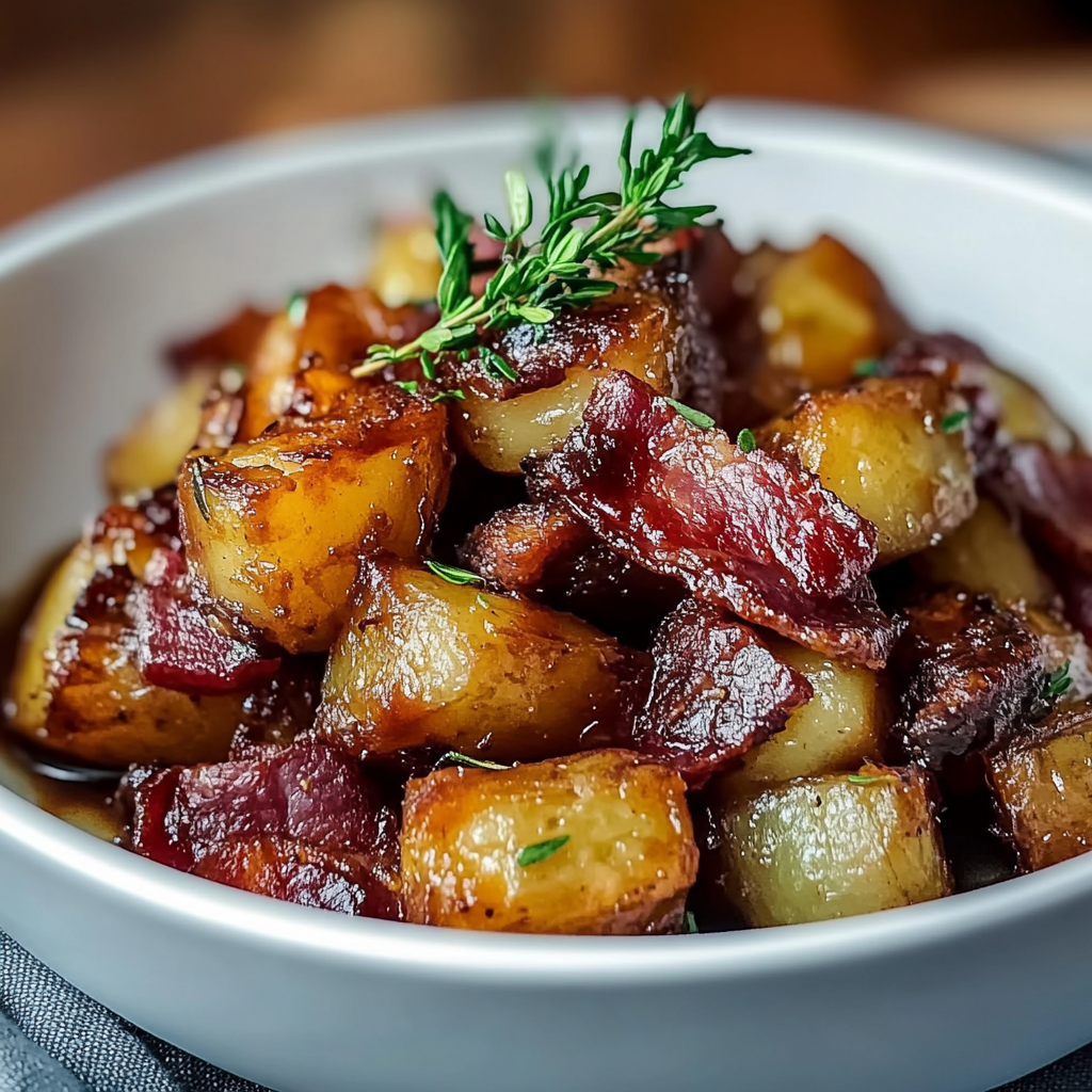 Recipe preparation for Crispy Beef Bacon Honey Roasted Potatoes